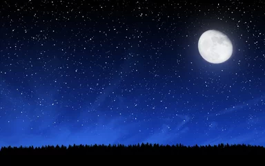 Gordijnen Diepe nachtelijke hemel met veel sterren en bos © karandaev