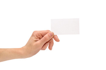 Business card in woman hand isolated on white