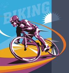 biking illustration, cyclist vector poster layered