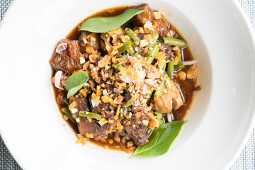Closeup of a plate of beef pot roast 
