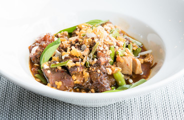 Closeup of a plate of beef pot roast 
