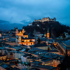 Aerial view of Salzburg, Austria at night