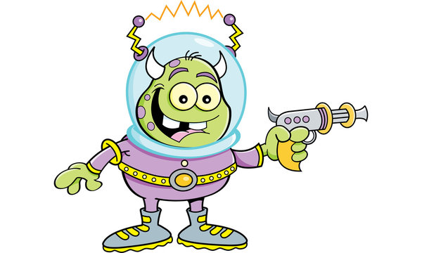 Cartoon illustration of a space alien holding a ray gun.