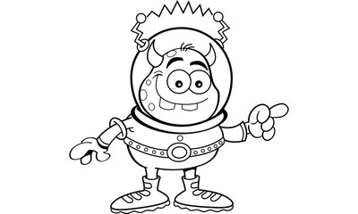 Black and white illustration of an alien pointing.