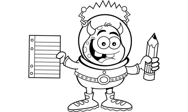 Black and white illustration of a alien holding a paper and pencil
