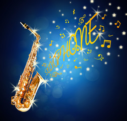 Fototapeta na wymiar Golden saxophone and flowing notes against blue background