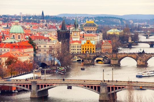 Aerial view of Prague, Czech Republic bridges