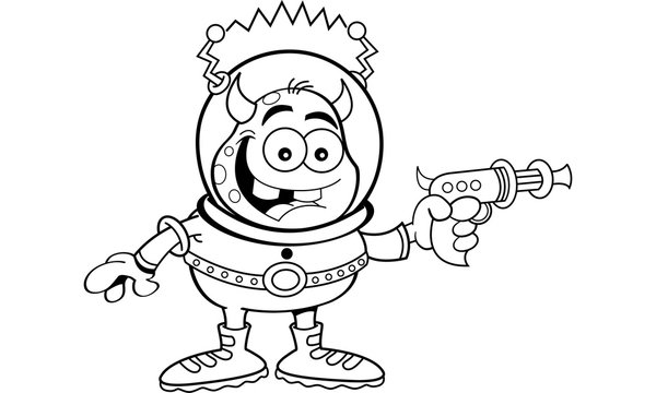 Black and white illustration of a space alien holding a ray gun.