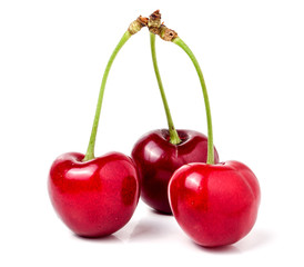 Three sweet cherry closeup isolated on white background