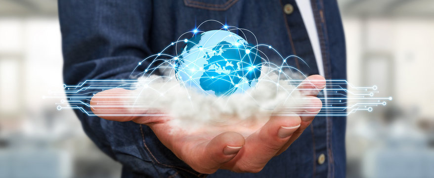 World and cloud connections in businessman hand
