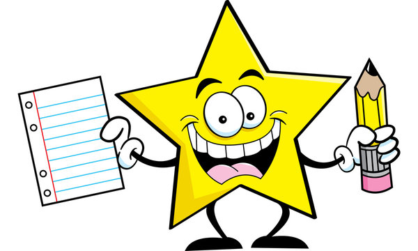 Cartoon illustration of a star holding a pencil and paper.