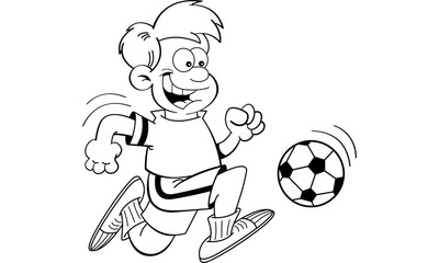 Obraz premium Black and white illustration of a boy playing soccer.