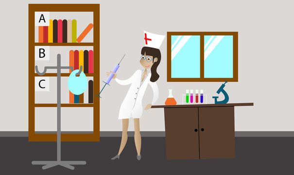 Doctor in white hospital gown in workplace with office medical equipment, objects. Vector flat illustration