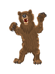 Brown bear stands on its hind legs. Bear with open mouth, fangs and large claws. Snarling, aggressive grizzly bear vector illustration on a white background