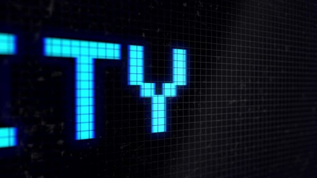 Looped animated background with running line with text light-blue color " SECURITY " on the black screen. Pixels. 4k. Seamless loop. 