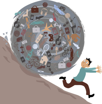 Scared man running from a huge rolling ball of possessions, EPS 8 vector illustration, no transparencies