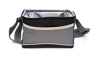 grey and black lunch pack carrier opened on a white background