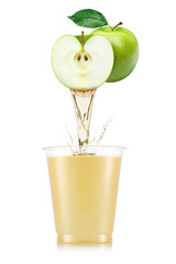 Pure apple juice pouring out from fruit in plastic cup