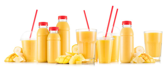 Multifruit smoothie in many kinds of glasses and bottles  - obrazy, fototapety, plakaty