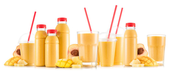 Smoothie in many kinds of glasses and bottles made from pineapple, peach and mango - obrazy, fototapety, plakaty