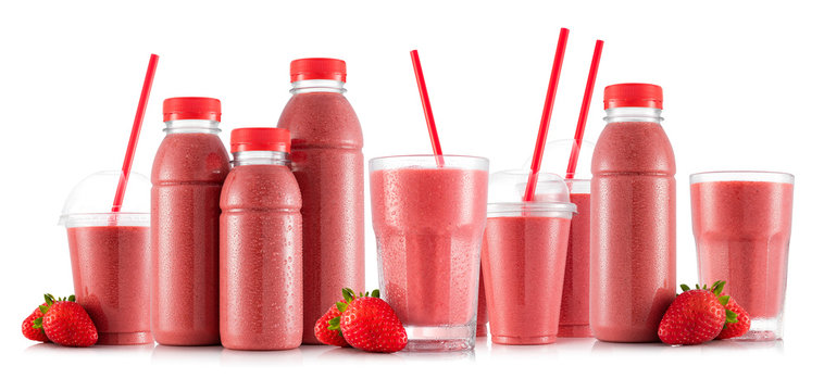 Strawberry smoothie in many kinds of glasses and bottles