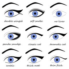 Vector illustration. Woman make up. Make up tutorial design. Eyeliner schemes.