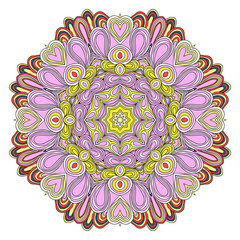 Round symmetrical pattern in yellow, pink and blue colors. Mandala. Kaleidoscopic design.