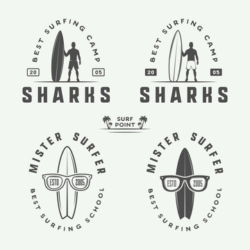 Set of vintage surfing logos, emblems, badges, labels 