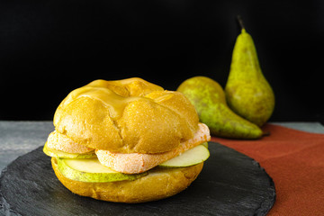 Healthy Vegetarian Veggie Sandwich with  French soft cheese, pear and honing