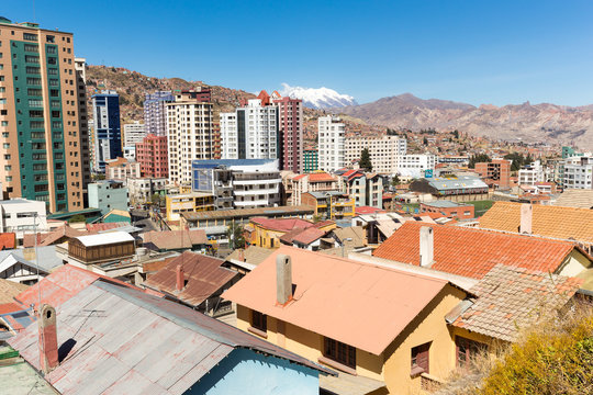 La Paz city Illimani mountain peak cityscape panorama view.