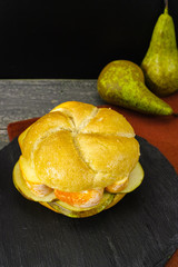 Healthy Vegetarian Veggie Sandwich with  French soft cheese, pear and honing