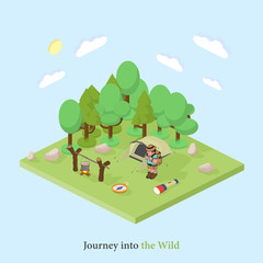 tourist with a backpack into the wild. Isometric vector illustration