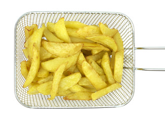 Fried potatoes in deep fryer on white background. Top view image.