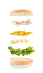 open sandwich, floating sandwich, sandwich with lettuce, cheese, chips and ham