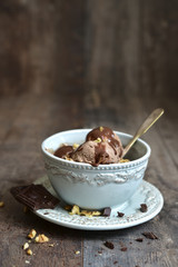 Chocolate ice cream with walnut in a vintage bowl.