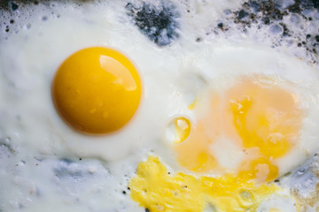 fried eggs in a frying pan for Breakfast. Closeup