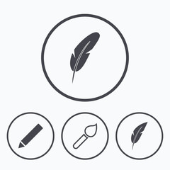 Feather retro pen signs. Brush and pencil icons.