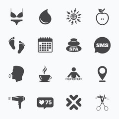 Spa, hairdressing icons. Swimming pool sign.