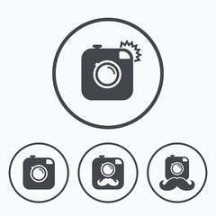 Hipster photo camera with mustache icons.