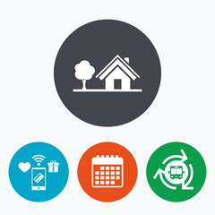 Home sign icon. House with tree symbol.