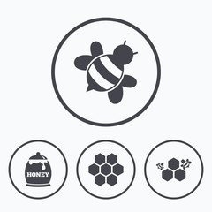 Honey icon. Honeycomb cells with bees symbol.