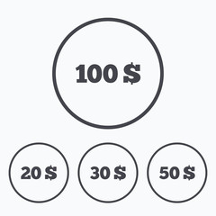 Money in Dollars icons. Hundred, fifty USD.