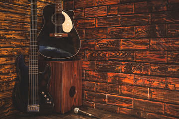 Music instrument on wooden stage in Pub