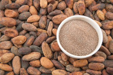 Cocoa powder and cocoa beans on the wooden table.