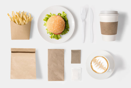 Design concept of mock up burger and coffee set on white backgro