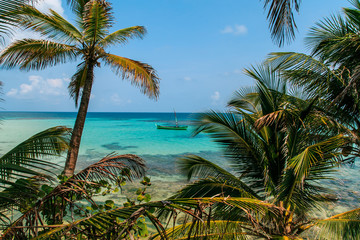 tropical paradise view with boat on blue sea and palms