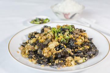 stir fried mushroom in scientifically call Auriculariaceae mixed pork and vegetable in oyster sauce the delicious Chinese food.
