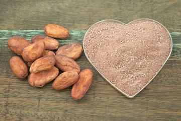 Cocoa and chocolate on wooden background, close up