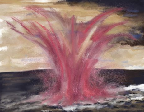 explosion en mer avec effet de trombe d'eau rose sur océan calme