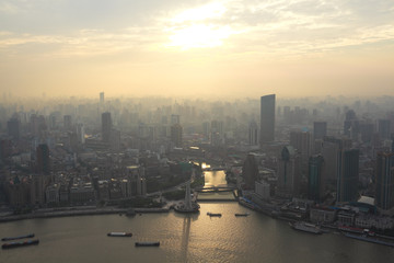 Bird's eye view of shanghai at sunset glow